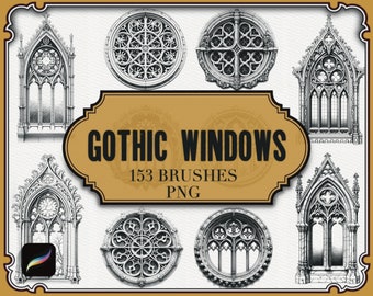 Gothic Windows Brushes For Procreate + 153 PNG Files| Gothic Stamps| Gothic Architectural Style| Window Stamp Set| Procreate Building|