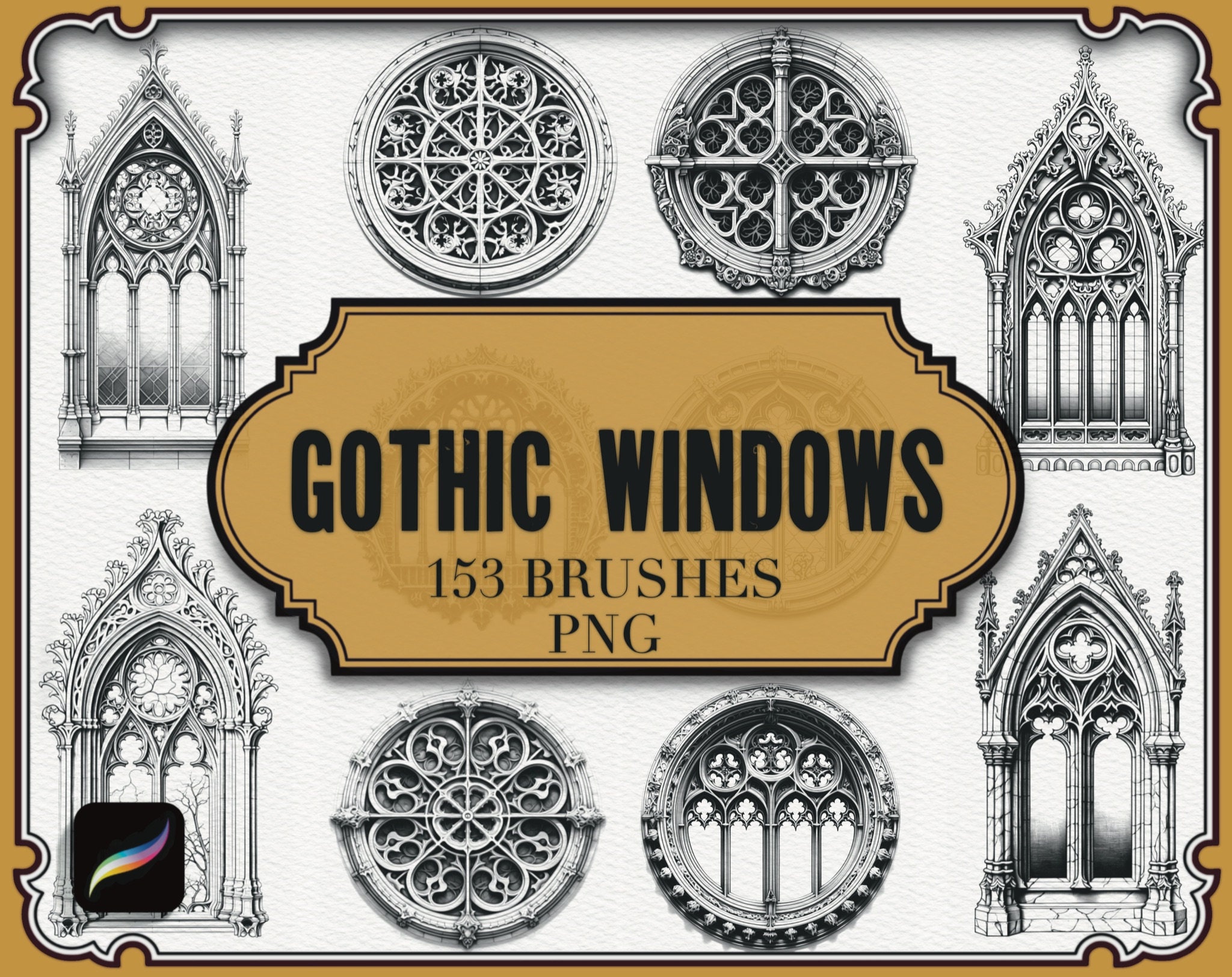 153 Gothic Windows Procreate Stamps • Brushset PNG PDF • Cathedral Arch ...