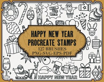 Happy New Year Stamps For Procreate| + Png-Svg-Eps-Pdf Files| Merry Christmas Brushes|