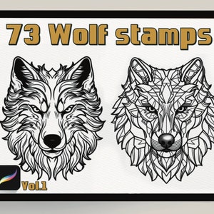May include: A digital illustration of two wolf heads. The wolf on the left has a more realistic style, while the wolf on the right has a geometric style. The text "73 Wolf stamps Vol.1" is at the top of the image.
