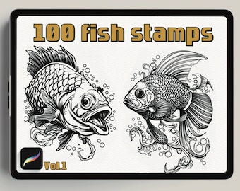 May include: Black and white illustration of two fish with intricate details. The fish are surrounded by bubbles and floral designs. The text "100 fish stamps Vol.1" is at the top of the image.