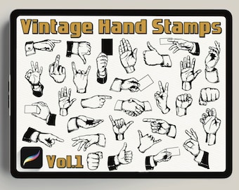 May include: A collection of 30 vintage hand stamps, featuring various hand gestures and poses. The stamps are black and white and have a vintage aesthetic. The title "Vintage Hand Stamps Vol. 1" is displayed at the bottom of the image.