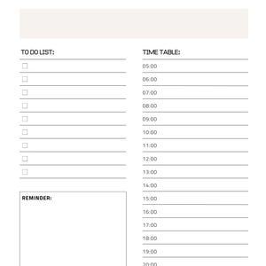 Op de afbeelding: Een zwart-witte dagelijkse planner met een to-dolijst en een tijdtabel van 5:00 uur tot 22:00 uur.