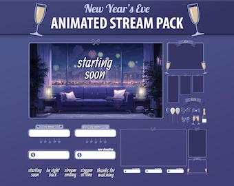 New Year&#39;s Eve Stream Package for Twitch | Animated Stream Overlay, Alerts, Stinger Transition, Chatbox, Webcam | Celebration Vtuber Overlay