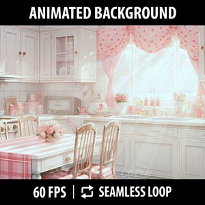 May include: Animated background of a white kitchen with pink accents. The kitchen features white cabinets, a white countertop, a white sink, and a white table with pink and white checkered tablecloth. There are pink flowers on the table and pink curtains with white hearts on the window. The text "60 FPS | SEAMLESS LOOP" is at the bottom of the image.
