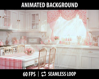 Vtuber Background Animated | Stream Background for Twitch | Vtuber Room Animated Loop | Cute White Kitchen With Pink Accents