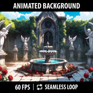 May include: Animated background featuring a stone fountain with a blue water pool surrounded by a garden with angel statues and red roses. The text "60 FPS | SEAMLESS LOOP" is at the bottom of the image.