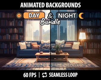 Animated Backgrounds - Day and Night Bundle | Vtuber Room | Pngtuber Stream Backgrounds | Anime Live Wallpapers | Cozy Living Room with Cat