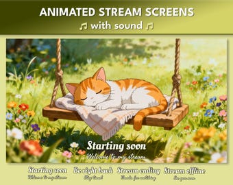 Animated Stream Screens for Twitch with Cute Cat on Swing | Starting Soon Screen | Animated Background Scene With Editable Text Overlays