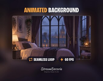 Gothic Bedroom Animated VTuber Background for Twitch stream | Rainy Night Room with Castle View