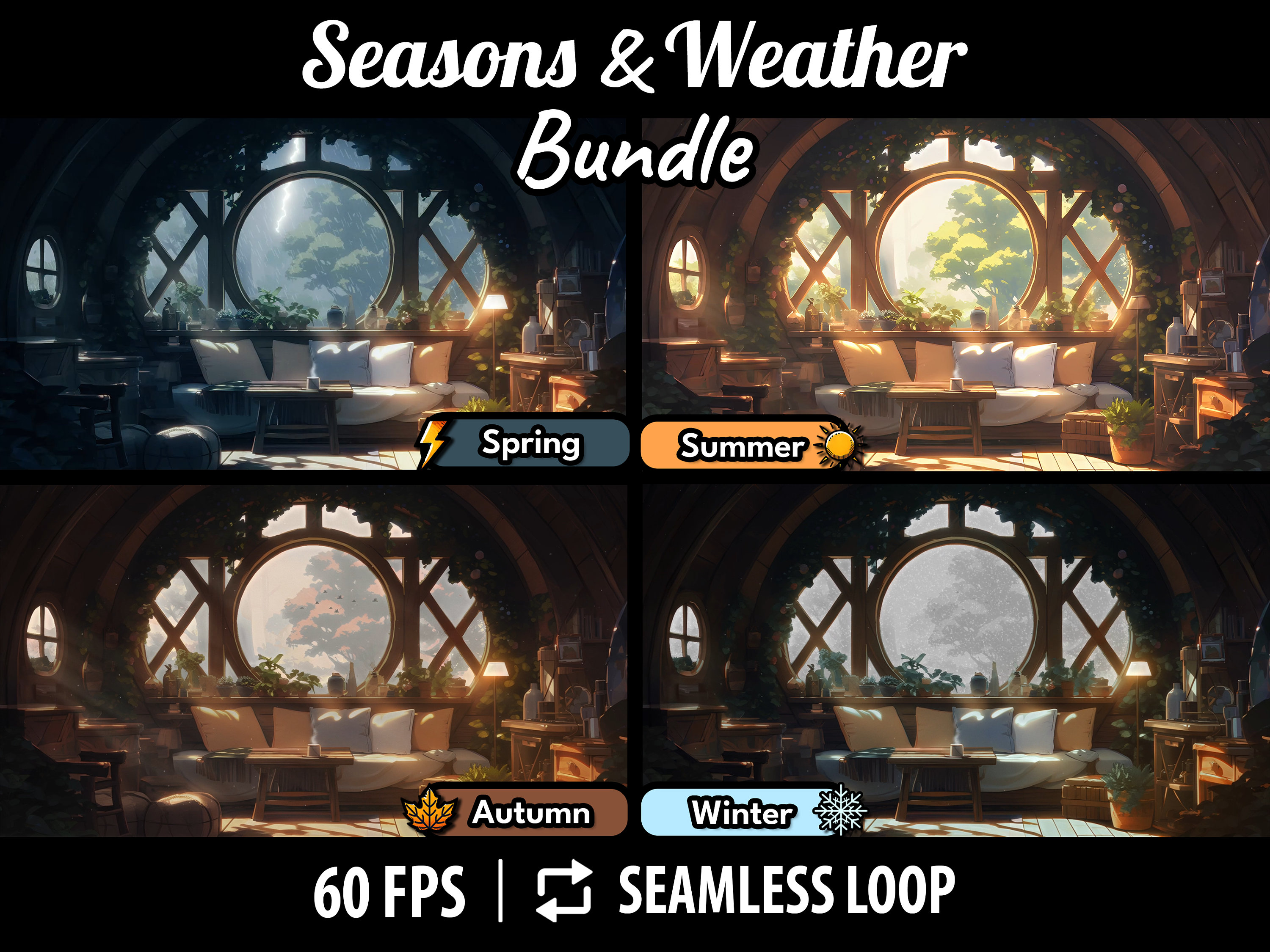 Animated Backgrounds Seasons and Weather Bundle | Vtuber Room | Pngtuber Stream Backgrounds | Desktop Wallpapers | Cozy Treehouse Interior