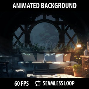 Könnte beinhalten: Ein animierter Hintergrund, der ein gemütliches Wohnzimmer mit einer Couch, einem Couchtisch und einem Fenster mit Blick auf einen Wald zeigt. Der Raum wird von einer Lampe beleuchtet und das Licht scheint durch das Fenster. Der Hintergrund ist mit einer nahtlosen Schleife animiert.