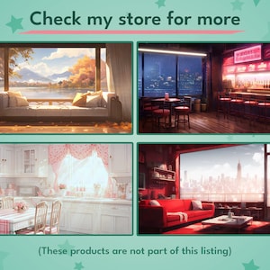 Puede incluir: Cuatro fondos digitales diferentes que presentan varias escenas, incluyendo una vista al lago con un sof&aacute;, una vista a la ciudad con un bar, una cocina con una mesa y sillas, y una vista a la ciudad con un sof&aacute; rojo. Consulta mi tienda para m&aacute;s informaci&oacute;n.