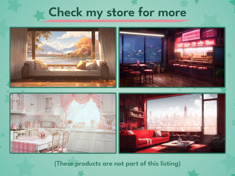 Puede incluir: Cuatro fondos digitales diferentes que presentan varias escenas, incluyendo una vista al lago con un sof&aacute;, una vista a la ciudad con un bar, una cocina con una mesa y sillas, y una vista a la ciudad con un sof&aacute; rojo. Consulta mi tienda para m&aacute;s informaci&oacute;n.