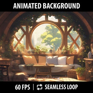 Fondo de Vtuber animado para superposición de transmisión de Twitch / Diseño de transmisión de Vtuber / Sala de estar acogedora en una casa en el árbol