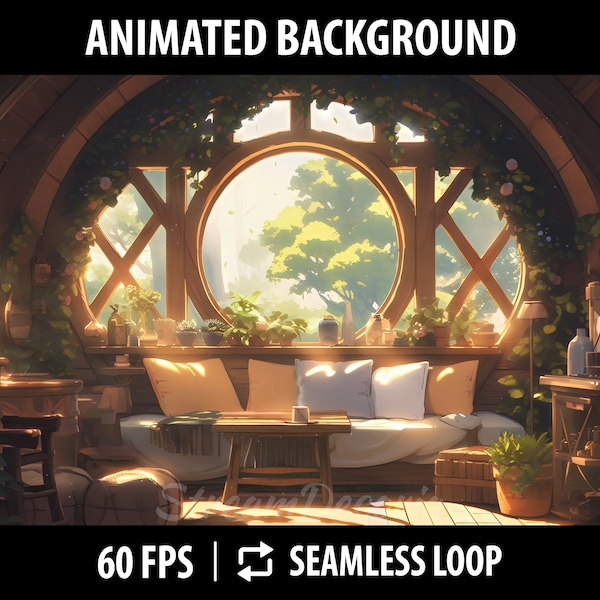 Vtuber Background Animated Virtual Background Twitch Stream Overlay Vtuber Stream Design | Cozy Treehouse Living Room