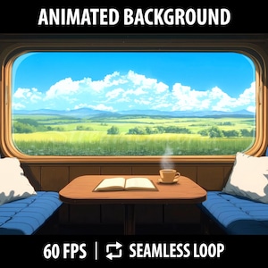 以下が含まれることがあります： 列車の窓から見える緑の草原と青い空のアニメーション背景。列車の車両内には、青い座席が2つ、木製のテーブル、本、コーヒーカップが置かれている。画像の下部には「60 FPS | シームレスループ」というテキストが表示されている。