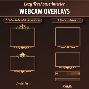 May include: Four webcam overlays with a cozy treehouse interior theme. Two overlays are animated and two are static. The overlays have a brown background with gold trim and floral accents. The text "Cozy Treehouse Interior" and "Webcam Overlays" is at the top of the image. The text "2 Animated and static webcam" and "4 Static webcam" is below the overlays. The text ".Webm file" and ".PNG file" is at the bottom of the image.