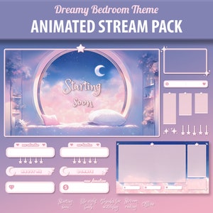 Könnte beinhalten: Animiertes Stream-Paket mit einem verträumten Schlafzimmer-Thema. Der Hintergrund zeigt einen rosa und blauen Himmel mit Wolken und einer Mondsichel. Das Paket enthält einen Startbildschirm, einen Spendenbildschirm, einen Über-mich-Bildschirm und andere Overlays.