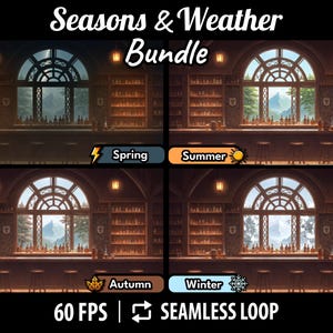 Może przedstawiać: Cyfrowa ilustracja baru z czterema różnymi porami roku wyświetlanymi w oknie. Pory roku to wiosna, lato, jesień i zima. Tekst "Seasons & Weather Bundle" znajduje się w górnej części obrazu. Tekst "60 FPS | Seamless Loop" znajduje się w dolnej części obrazu.