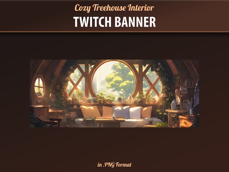 May include: A cozy treehouse interior with a large round window overlooking a lush green forest. The room is decorated with wooden furniture, plants, and pillows. The sun shines through the window, casting a warm glow on the room.