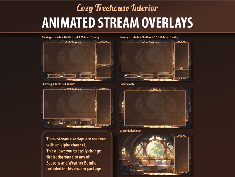 May include: Animated stream overlays featuring a cozy treehouse interior with a window view. The overlays include options for gaming, labels, chatbox, and webcam. The overlays are rendered with an alpha channel, allowing for easy background changes.