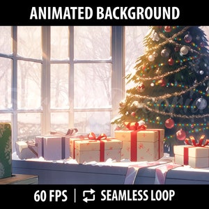 May include: A snowy winter scene with a Christmas tree decorated with colorful lights and ornaments. Presents are stacked on a windowsill in front of a large window. The text "60 FPS | SEAMLESS LOOP" is at the bottom of the image.
