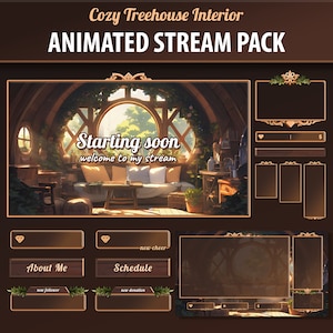 Cozy Treehouse Stream Package For Twitch | Stream Overlay Panels, Alerts, Chatbox, Webcam, Banner, All Seasons Scenes | Vtuber Overlay Pack