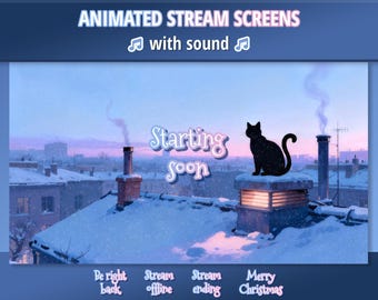 Animated Stream Screens for Twitch - Winter Rooftop with Cat | Starting Soon Screen | Text Overlays