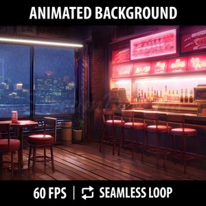 Sfondo Vtuber animato / Sfondo animato in streaming per Twitch / Stanza Vtuber con paesaggio urbano notturno / Bar in una notte piovosa