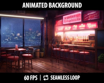 Vtuber Background Animated | Animated Stream Background for Twitch | Vtuber Room with Night Cityscape | Bar On Rainy Night