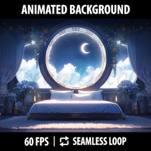 Sfondo Vtuber animato per streaming Twitch / Sfondo desktop anime / Sfondo streaming / Stanza Vtuber / Camera da letto Vtuber blu nella galassia
