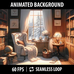 以下が含まれることがあります： 雪が降る森を見渡せる大きな窓のある居心地の良いリビングルーム。部屋には、毛布をかけた快適なアームチェア、ランプと本のあるサイドテーブル、本でいっぱいの本棚があります。部屋は地球儀、バスケット、花瓶の花で飾られています。画像はアニメーション化されており、シームレスなループになっています。