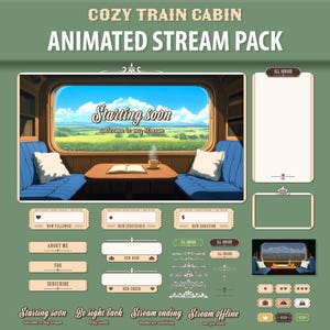 Peut inclure: Un ensemble de superpositions de flux animées mettant en scène l'intérieur d'un compartiment de train confortable avec une vue sur un champ vert par la fenêtre. Les superpositions comprennent un écran de démarrage, un écran de retour, un écran de fin de flux et un écran hors ligne. Les superpositions comprennent également une alerte de nouveau follower, une alerte de nouveau abonné, une alerte de nouveau don et une alerte de nouveau cheer. Les superpositions sont conçues dans un style vintage avec une palette de couleurs brun et vert.