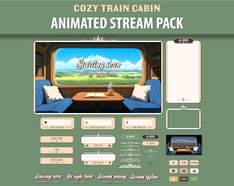 Cozy Train Cabin Stream Package for Twitch | Panels, Alerts, Chatbox, Webcam, Stinger Transition, Sub Badges | Vtuber Stream Overlay Pack