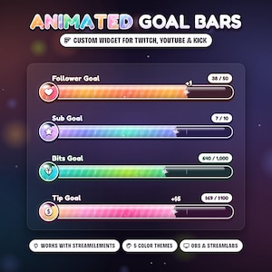 May include: Animated goal bars widget for Twitch, YouTube, and Kick featuring four progress bars labeled Follower Goal, Sub Goal, Bits Goal, and Tip Goal. Each bar has a unique icon and colorful gradient fill with numerical progress indicators.