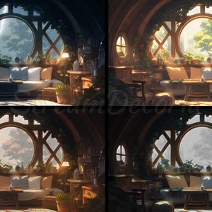 Puede incluir: Una habitaci&oacute;n acogedora con una gran ventana redonda que da a un exuberante bosque verde. La habitaci&oacute;n est&aacute; decorada con un sof&aacute;, una mesa de caf&eacute; y plantas. La ventana est&aacute; enmarcada por vigas de madera y enredaderas. La habitaci&oacute;n est&aacute; iluminada por la luz del sol que entra por la ventana.
