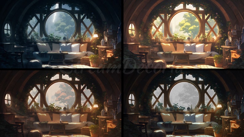 Puede incluir: Una habitaci&oacute;n acogedora con una gran ventana redonda que da a un exuberante bosque verde. La habitaci&oacute;n est&aacute; decorada con un sof&aacute;, una mesa de caf&eacute; y plantas. La ventana est&aacute; enmarcada por vigas de madera y enredaderas. La habitaci&oacute;n est&aacute; iluminada por la luz del sol que entra por la ventana.