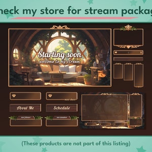 Puede incluir: Una superposici&oacute;n de transmisi&oacute;n de Twitch marr&oacute;n y dorada con una escena de caba&ntilde;a caprichosa. La superposici&oacute;n incluye una pancarta de inicio inminente, una secci&oacute;n de horario, una alerta de nuevo cheer y una secci&oacute;n para sobre m&iacute;. El texto "Starting soon" y "welcome to my stream" se muestra en la superposici&oacute;n.