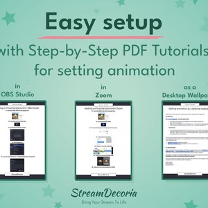 Puede incluir: Un gr&aacute;fico verde y rosa con el texto "Easy setup with Step-by-Step PDF Tutorials for setting animation" y tres capturas de pantalla de tutoriales PDF para agregar fondos animados en OBS Studio, Zoom y como fondo de escritorio. El texto "Stream Decoria Bring Your Stream To Life" est&aacute; en la parte inferior del gr&aacute;fico.