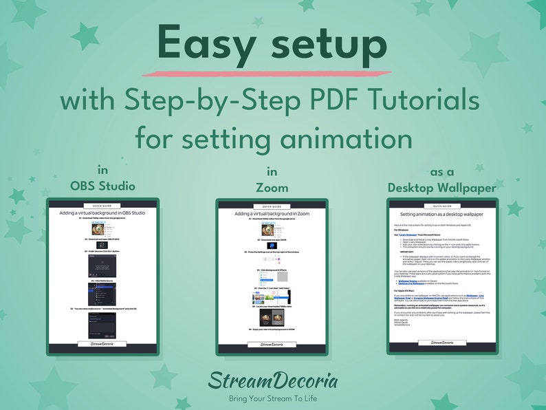 Puede incluir: Un gr&aacute;fico verde y rosa con el texto "Easy setup with Step-by-Step PDF Tutorials for setting animation" y tres capturas de pantalla de tutoriales PDF para agregar fondos animados en OBS Studio, Zoom y como fondo de escritorio. El texto "Stream Decoria Bring Your Stream To Life" est&aacute; en la parte inferior del gr&aacute;fico.