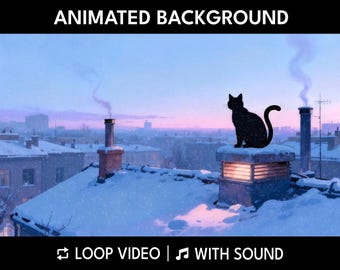 Cozy Winter Rooftop with Cat & Snow – Animated Background for Desktop, Twitch Streamers and VTubers
