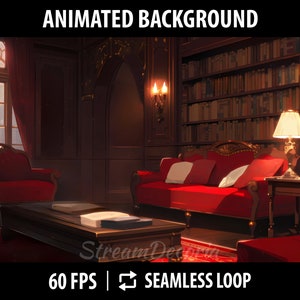 Vtuber Background Animated Room | Vtuber Overlay Animated | Stream Background For Twitch | Vtuber Assets | Rainy Red Library Vtuber Room