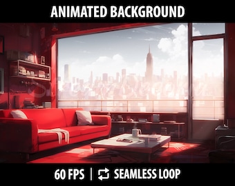 Red Vtuber Background Animated | Stream Background for Twitch | Vtuber Room | Vtuber Assets | Red Living Room With CityscapeFtwitch