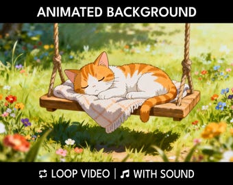 Cozy Stream Background for Twitch with Cute Cat on Swing | Anime Desktop Wallpaper | Animated Background with Sound