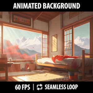 Vtuber Hintergrund Animiert | Stream Hintergrund für Twitch | Vtuber Raumstream Design | Vtuber Zubehör | Japanisches Schlafzimmer mit Bergblick