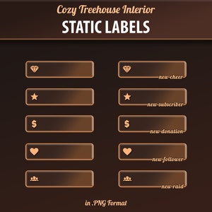 May include: Five static labels for a Twitch stream, with icons for a diamond, star, dollar sign, heart, and crown. The labels are in a brown and gold color scheme and have a transparent background. The text on the labels reads "new-cheer", "new-subscriber", "new-donation", "new-follower", and "new-raid".