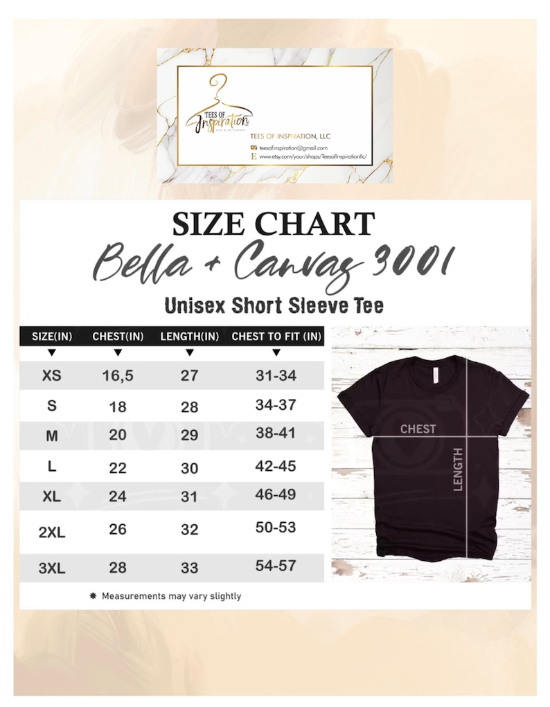 May include: Size chart for Bella + Canvas 3001 unisex short sleeve tee. The chart shows measurements in inches for chest, length, and chest to fit. The chart includes sizes XS to 3XL.