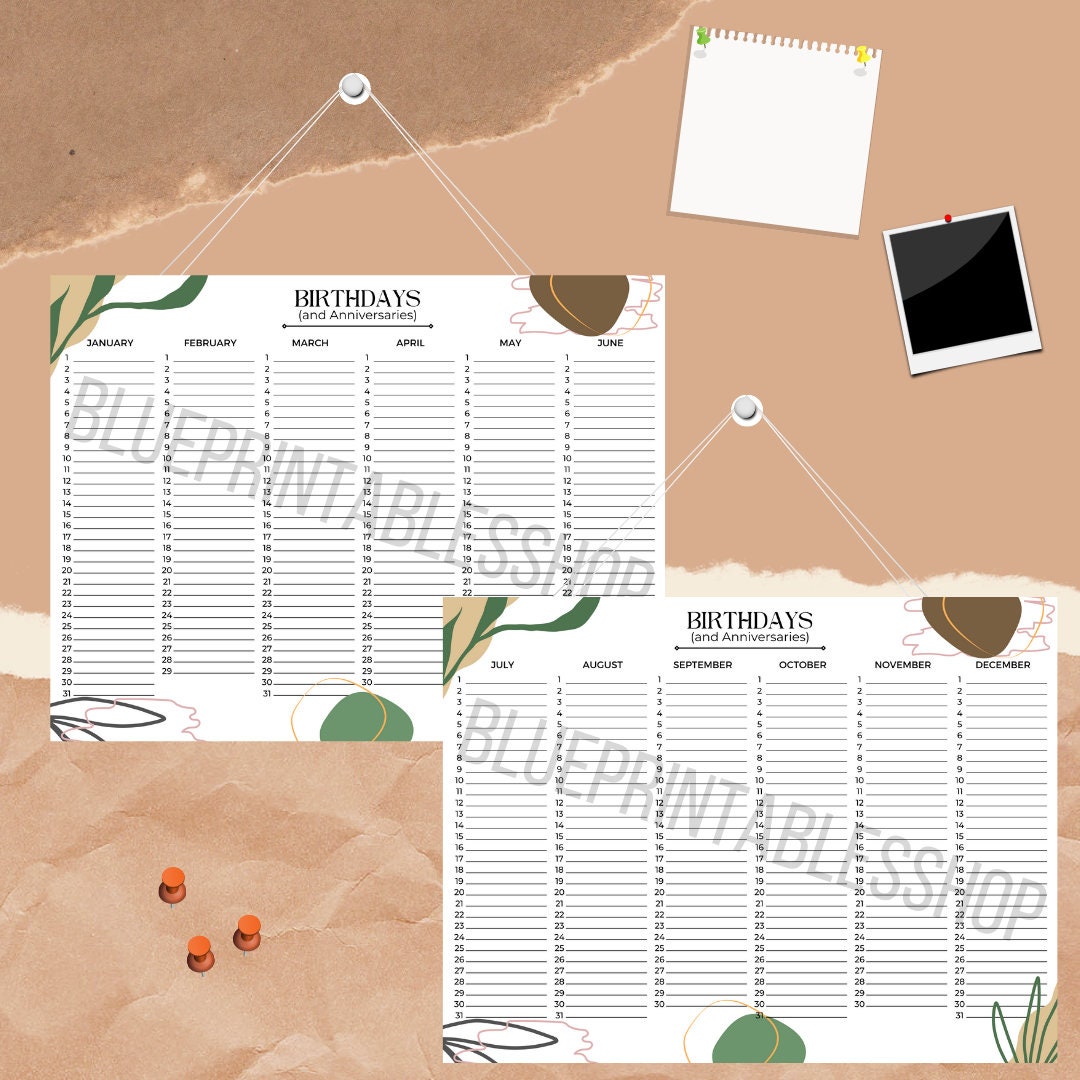 Printable Yearly Birthday Calendar Horizontal 2 Pages, PDF Instant