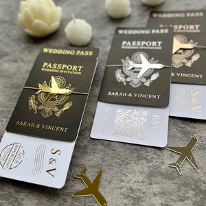 Faire-part de passeport de mariage, Faire-part carte d'embarquement noir, feuille d'or argentée, Carte de mariage, Mariage à destination, Style passeport
